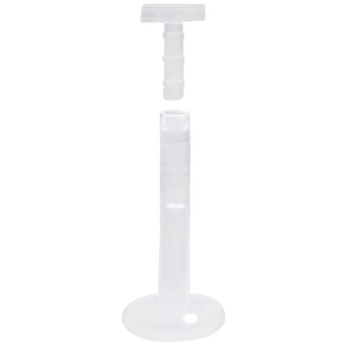 Transparenter Labret Stab aus Bioplast mit Push-Fit Gewinde auf weißem Hintergrund