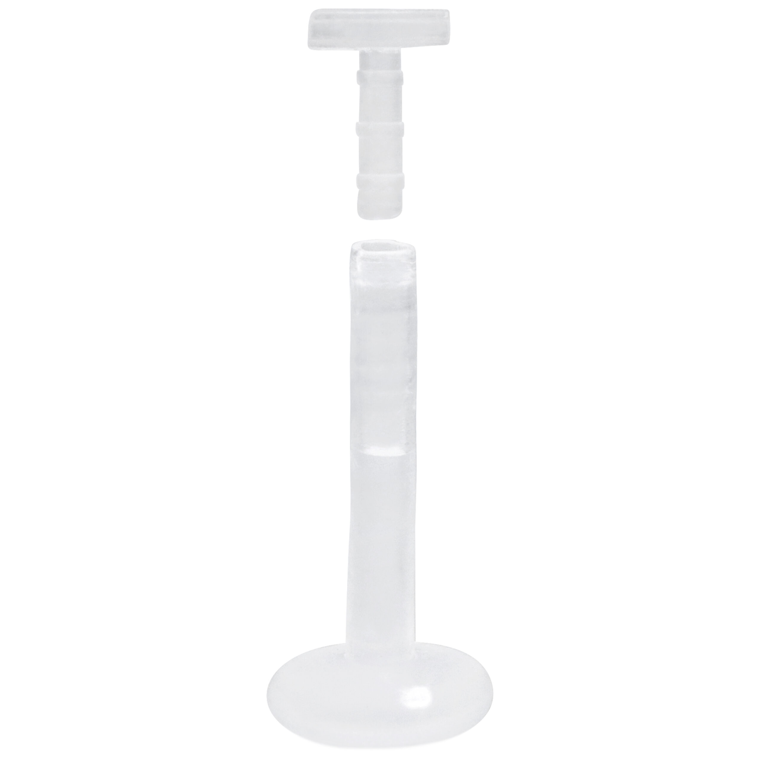 Transparenter Push-Fit Labret Stab für Piercings Transparenter Labret Stab aus Bioplast mit Push-Fit Gewinde auf weißem Hintergrund