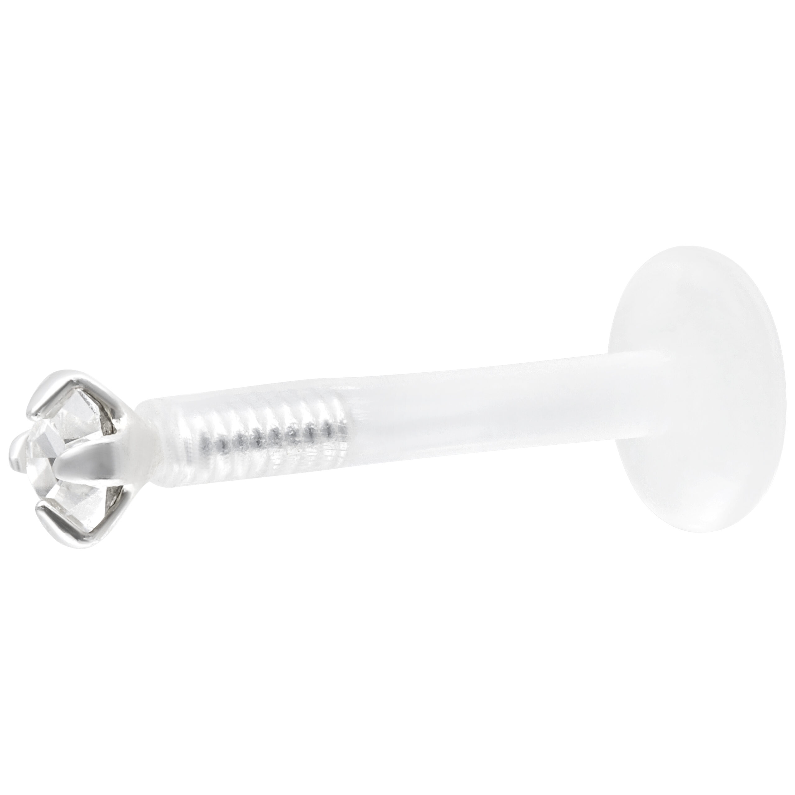 Push-Fit Mini Crystal Labret in Kristallklar Kristallklarer Labret mit Push Fit auf weißem Hintergrund