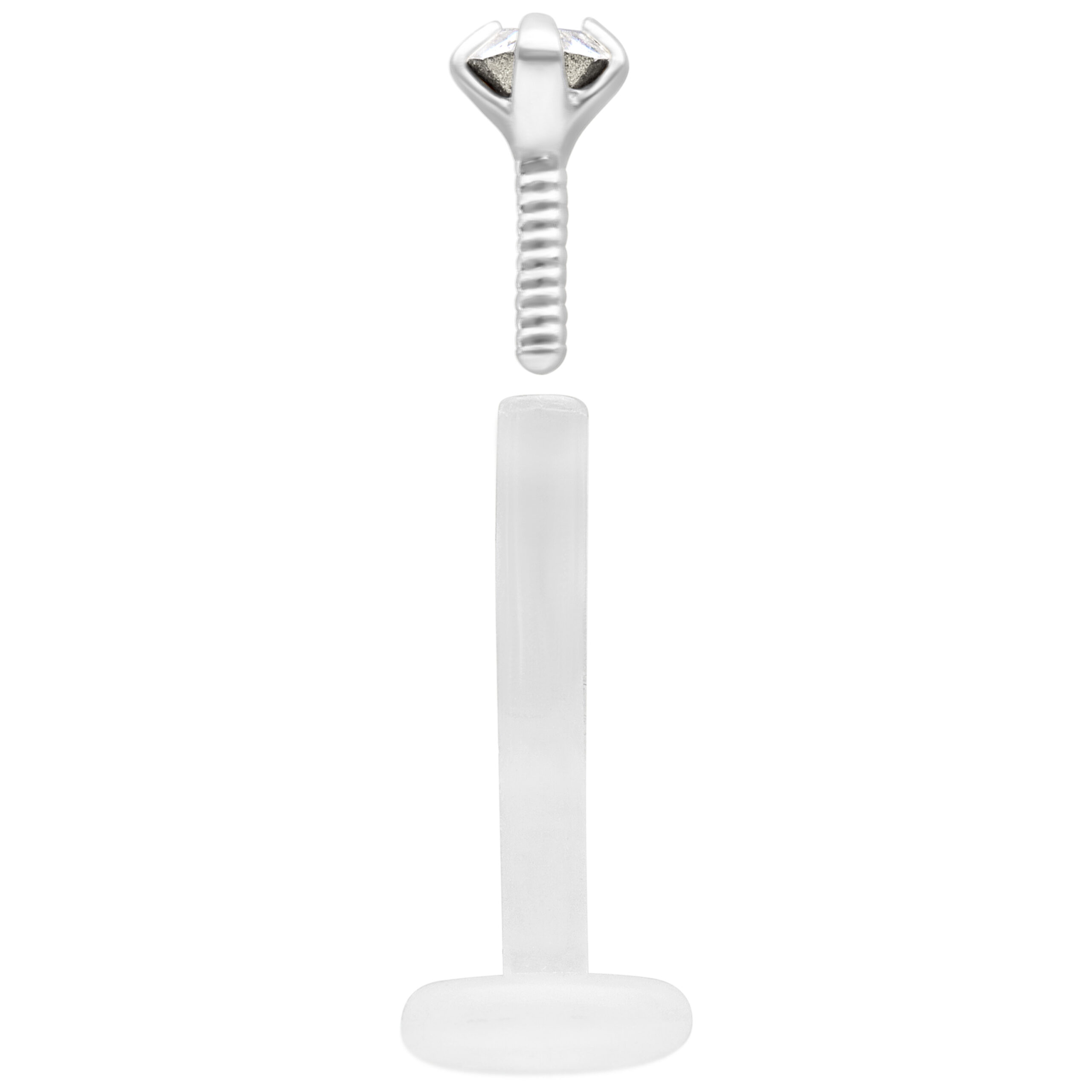 Push-Fit Mini Crystal Labret in Silber und Bioplast Silbernes Labret mit kristallklarem Stein und Bioplast Schaft auf weißem Hintergrund