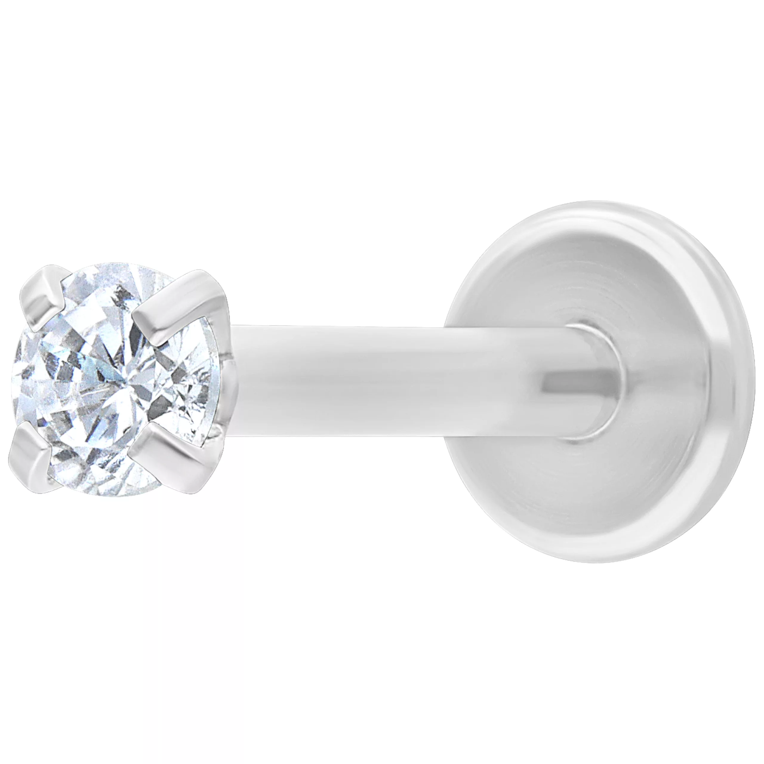 Silbernes Labret mit rundem Kristall auf weißem Hintergrund