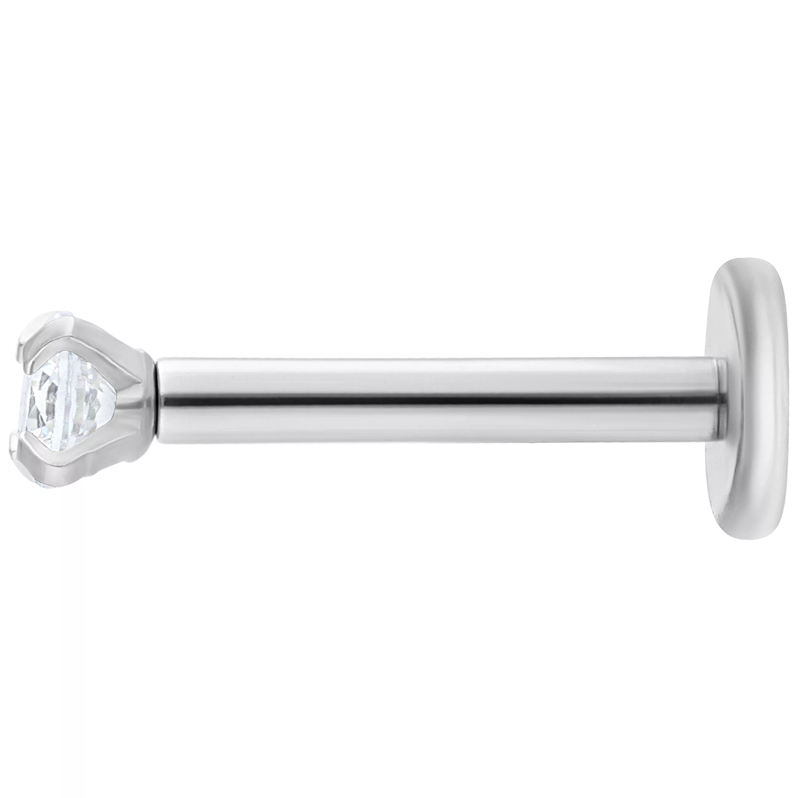 Silbernes Labret mit rundem, klarem Kristall auf weißem Hintergrund
