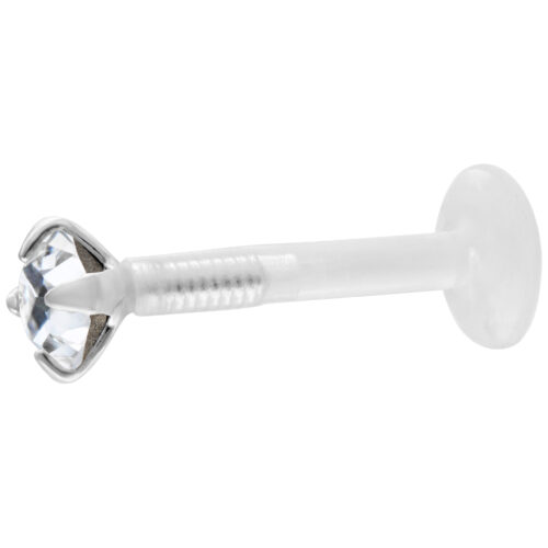 Silberner Micro Labret mit kristallklarem Stein auf weißem Hintergrund
