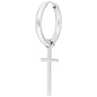 Silberne Little Cross Hoops Ohrringe Silberner Ohrring mit Kreuzanhänger auf weißem Hintergrund