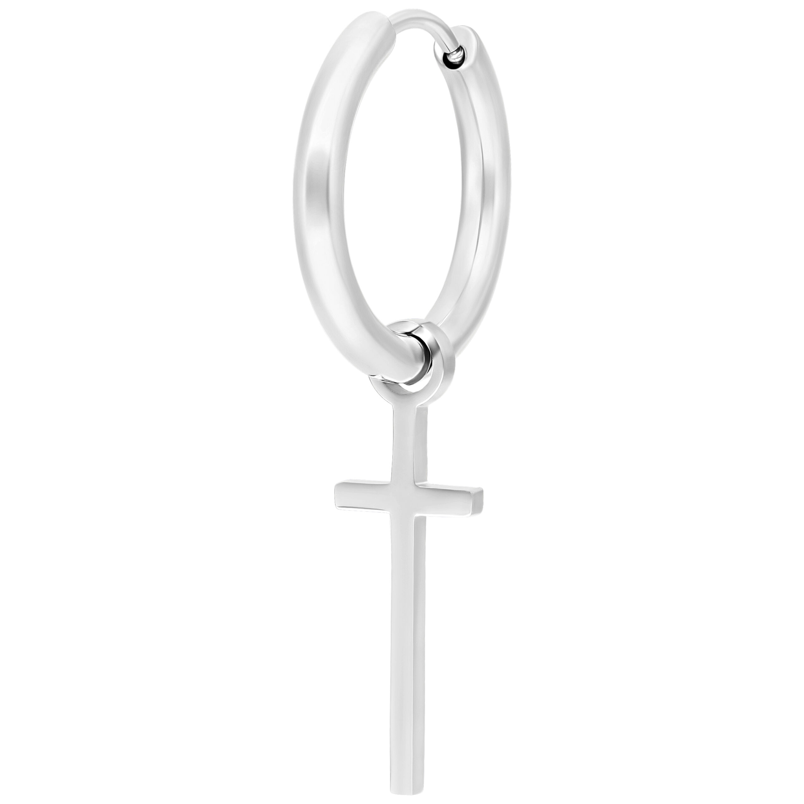 Silberne Little Cross Hoops Ohrringe Silberner Ohrring mit Kreuzanhänger auf weißem Hintergrund