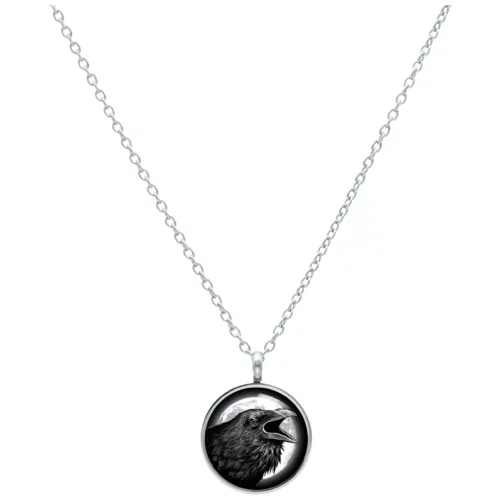Silberne Kette mit rundem Anhänger und Rabenmotiv auf weißem Hintergrund