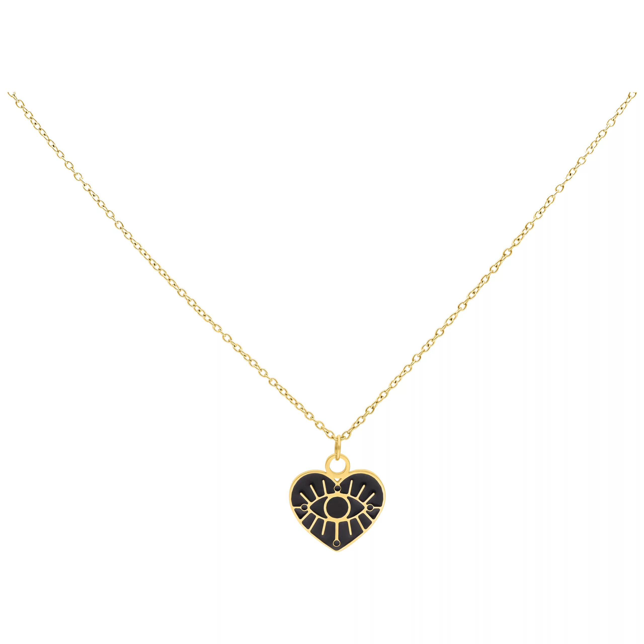 Goldene Kette mit herzförmigem Anhänger und Augenmotiv auf weißem Hintergrund