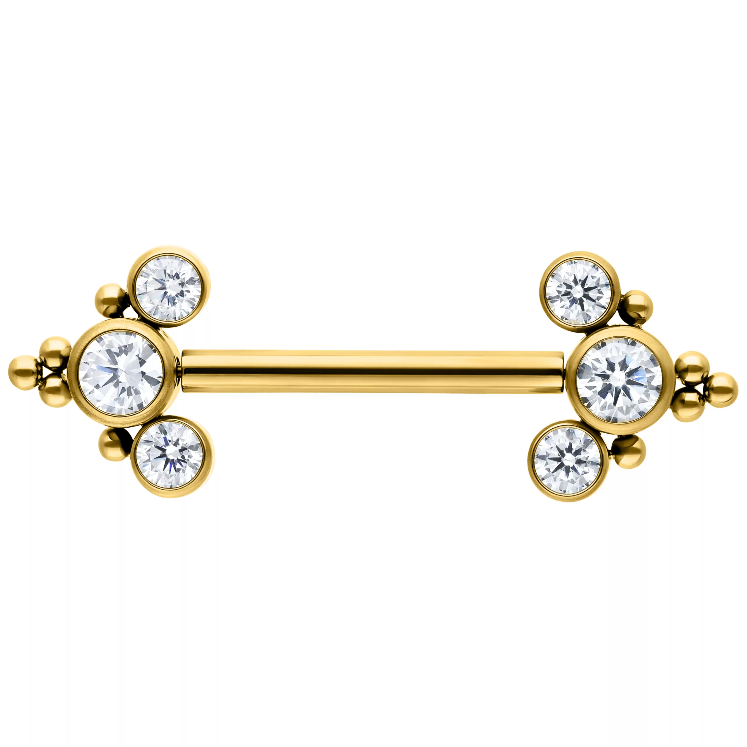 Goldene Barbell aus Titan mit klaren Kristallen auf weißem Hintergrund