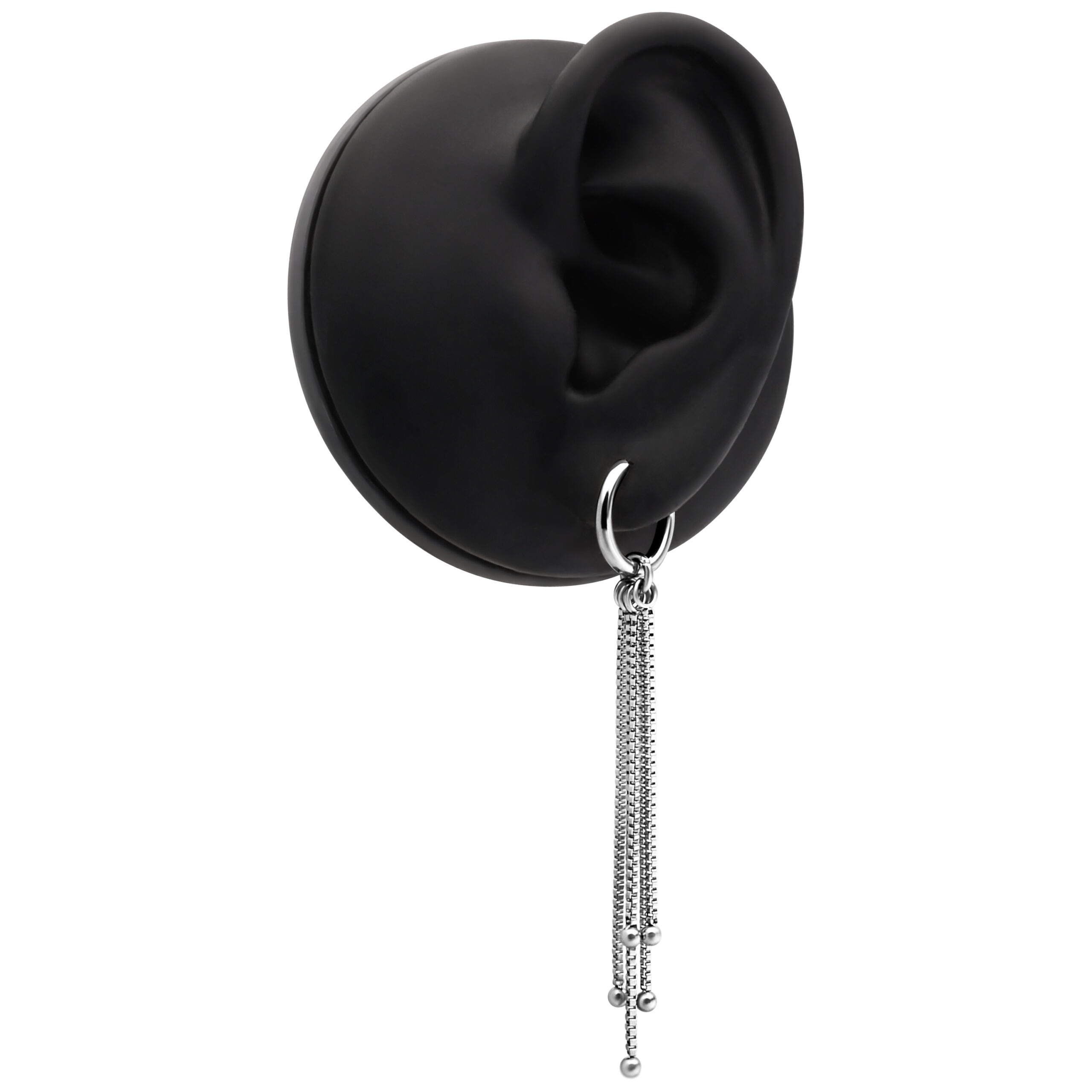 Silberne Venezia Chain Hoops an schwarzem Ohrmodell, Klappverschluss