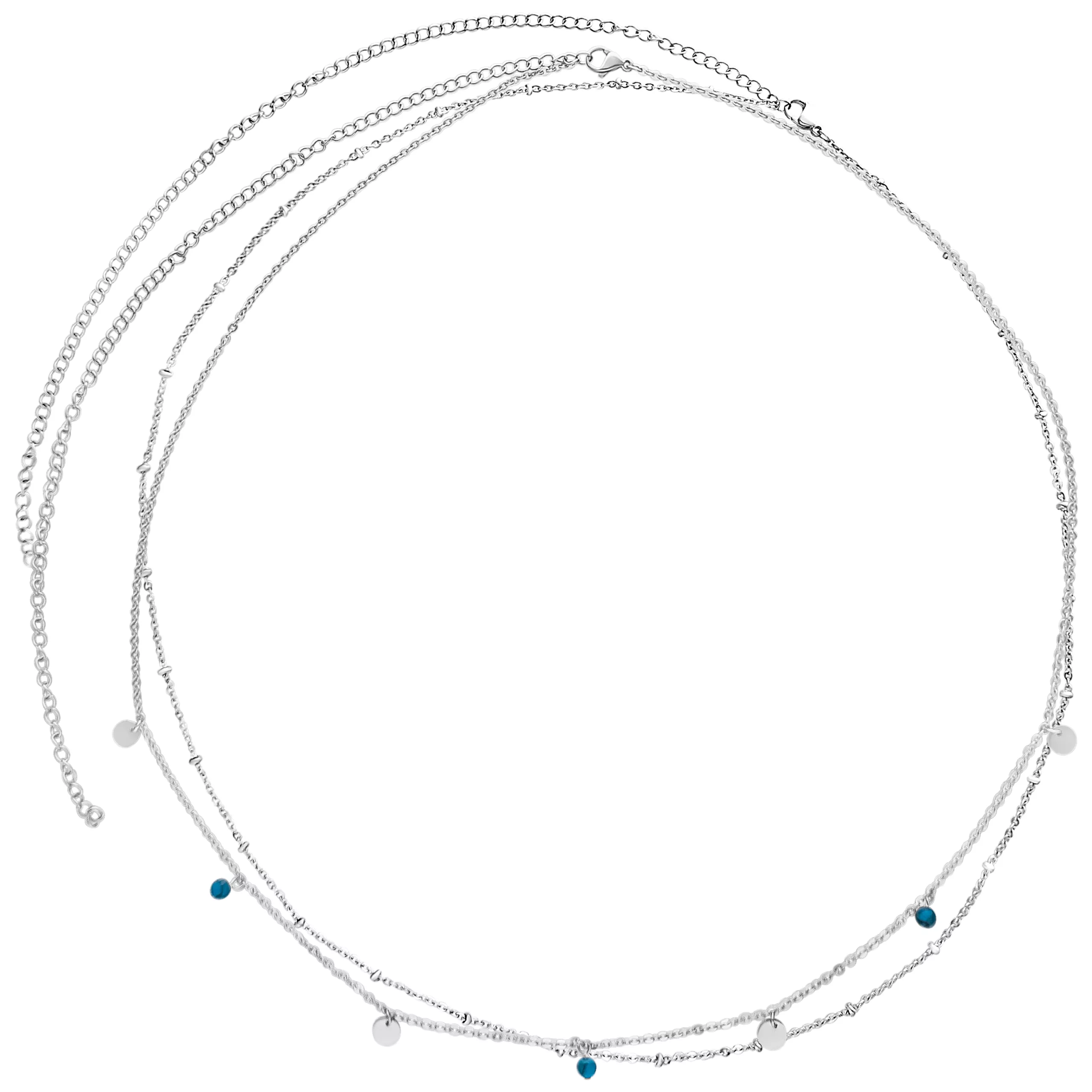 Silberne doppelte Bauchkette aus Chirurgenstahl 316L mit kleinen Anhängern auf weißem Hintergrund