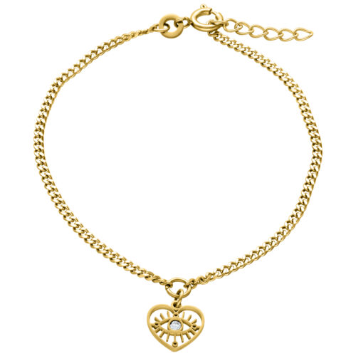 Goldenes Armband mit Herz und Auge Anhänger auf weißem Hintergrund