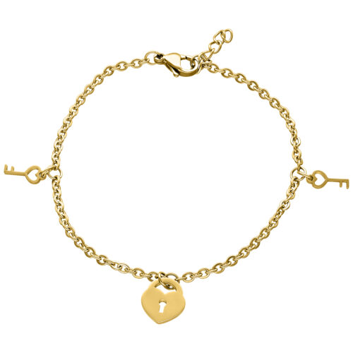 Goldenes Armband mit Schlüsselmotive auf weißem Hintergrund