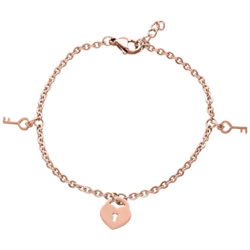 Roségoldenes Armband mit Schlüsseln und Herzanhänger auf weißem Hintergrund