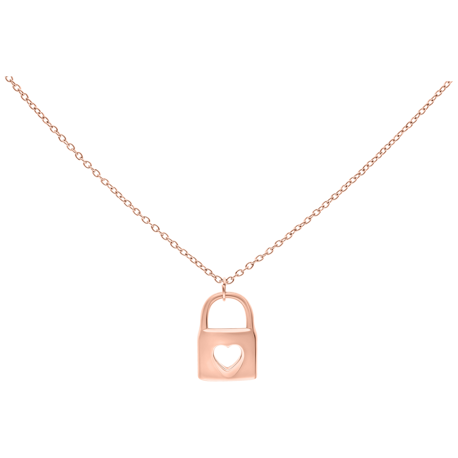Roségoldene Kette mit herzförmigem Schlossanhänger auf weißem Hintergrund