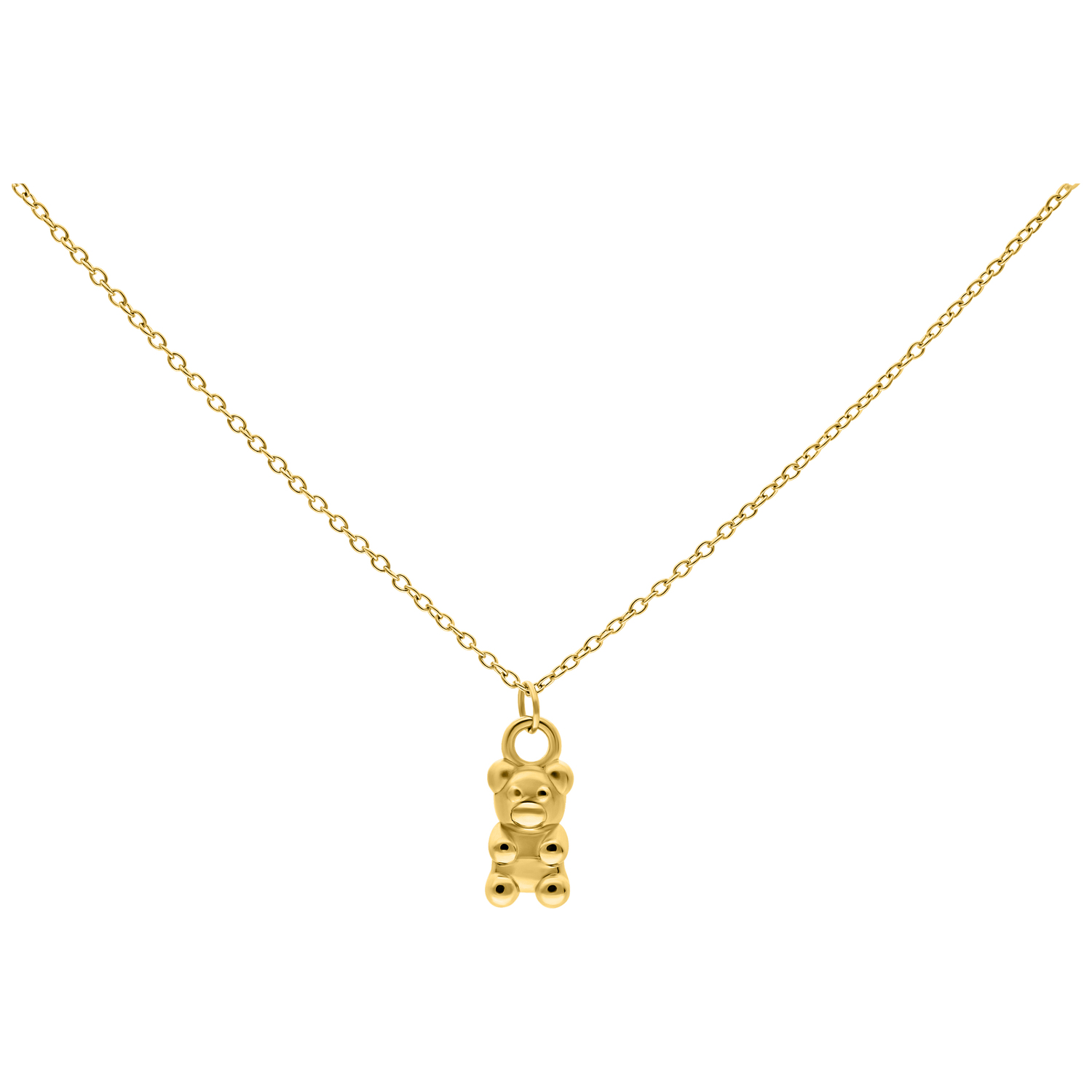 Goldene Kette mit Gummibärchen-Anhänger auf weißem Hintergrund