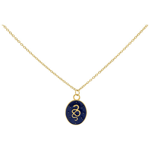 Goldene Kette mit blauem ovalem Anhänger und Schlangenmotiv auf weißem Hintergrund