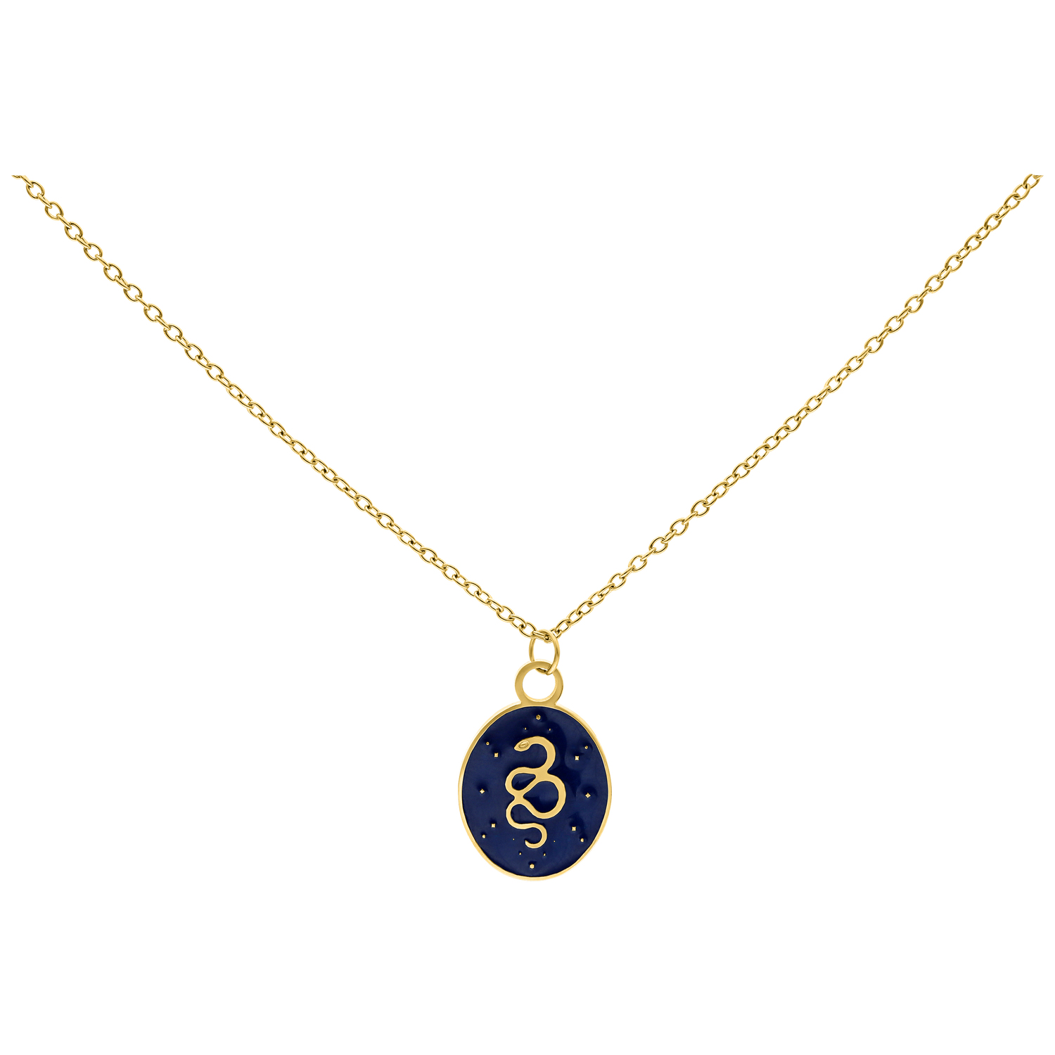 Goldene Mystic Snake Kette mit blauem Anhänger Goldene Kette mit blauem ovalem Anhänger und Schlangenmotiv auf weißem Hintergrund