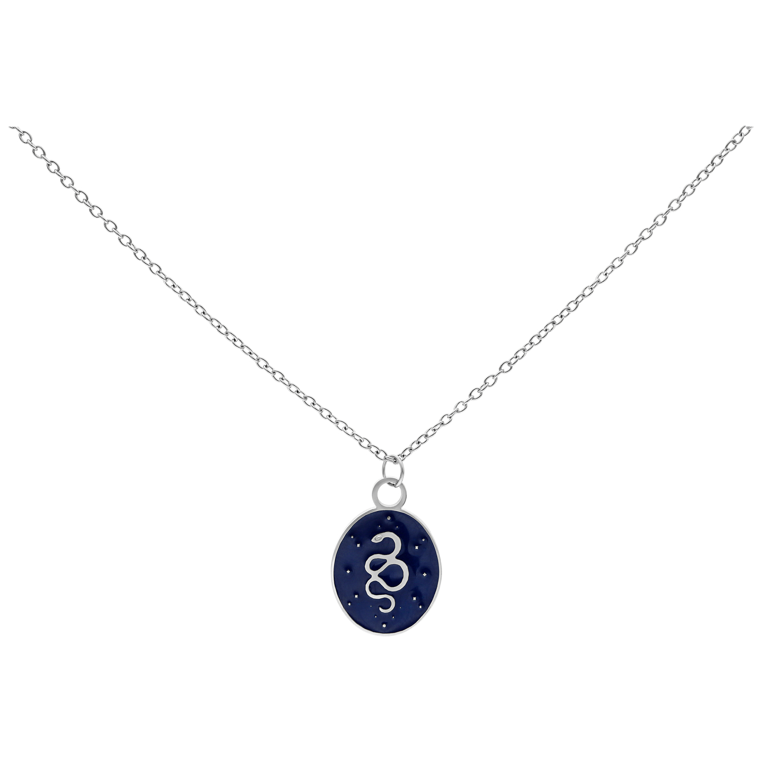 Silberne Kette mit mystischem Schlangen-Anhänger Silberne Kette mit ovalem Anhänger und Schlangenmotiv auf dunkelblauem Hintergrund