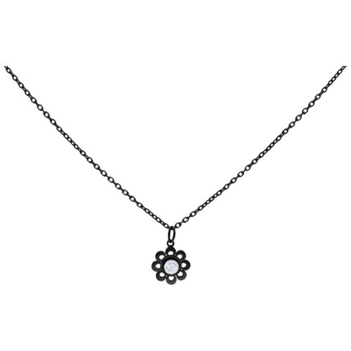 Schwarze Kette aus Chirurgenstahl mit Blumenanhänger und klarem Kristall auf weißem Hintergrund