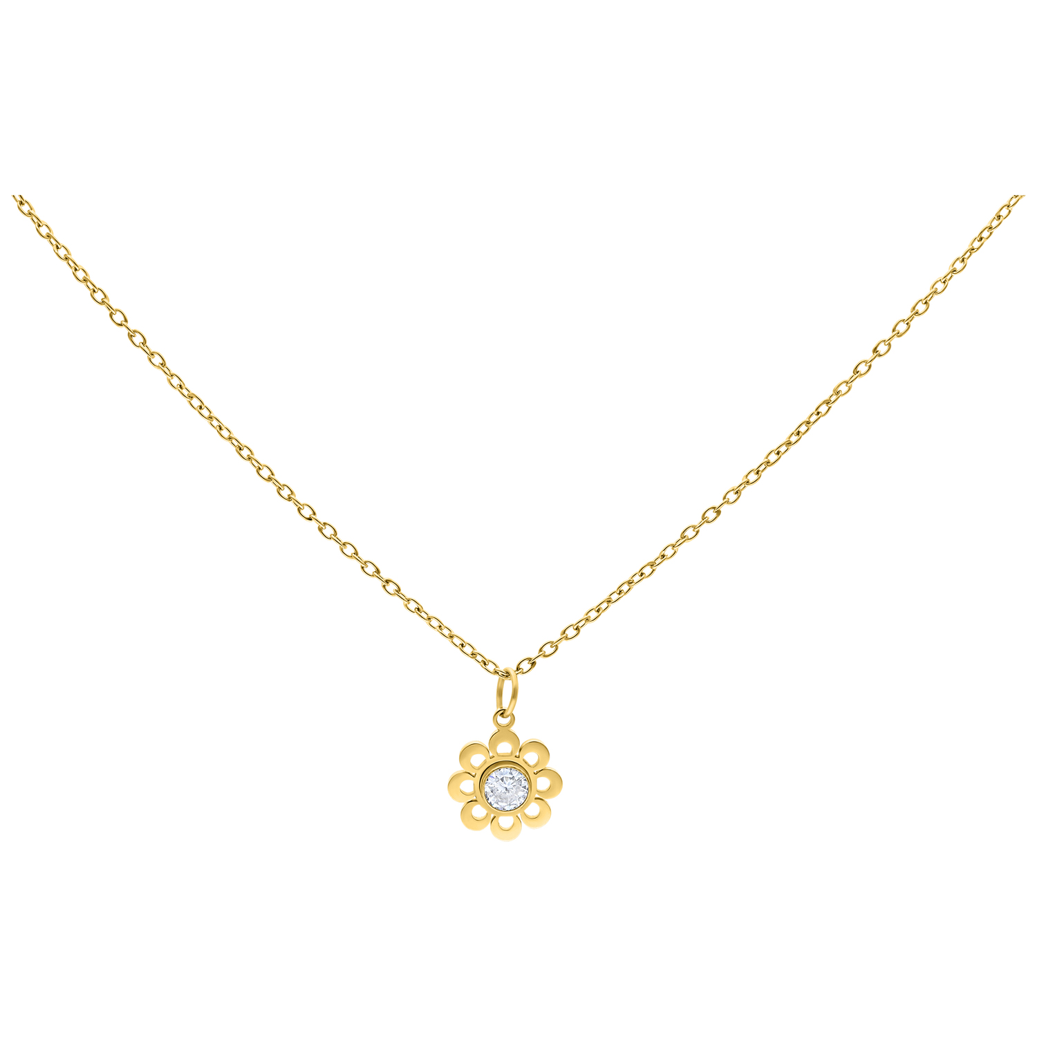 Goldene Kette mit blumenförmigem Kristallanhänger auf weißem Hintergrund