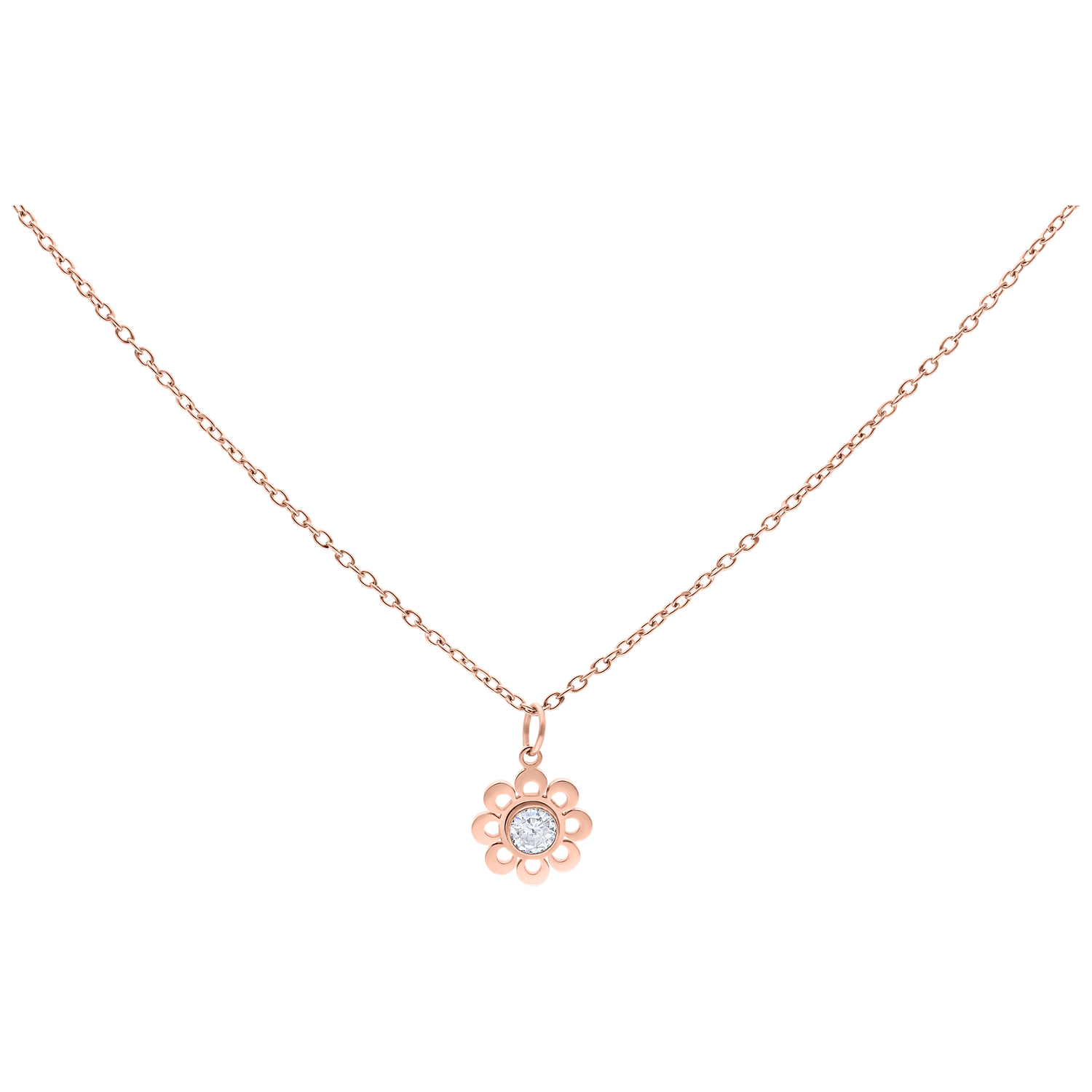 Roségoldene Kette mit Blütenanhänger und klarem Kristall auf weißem Hintergrund