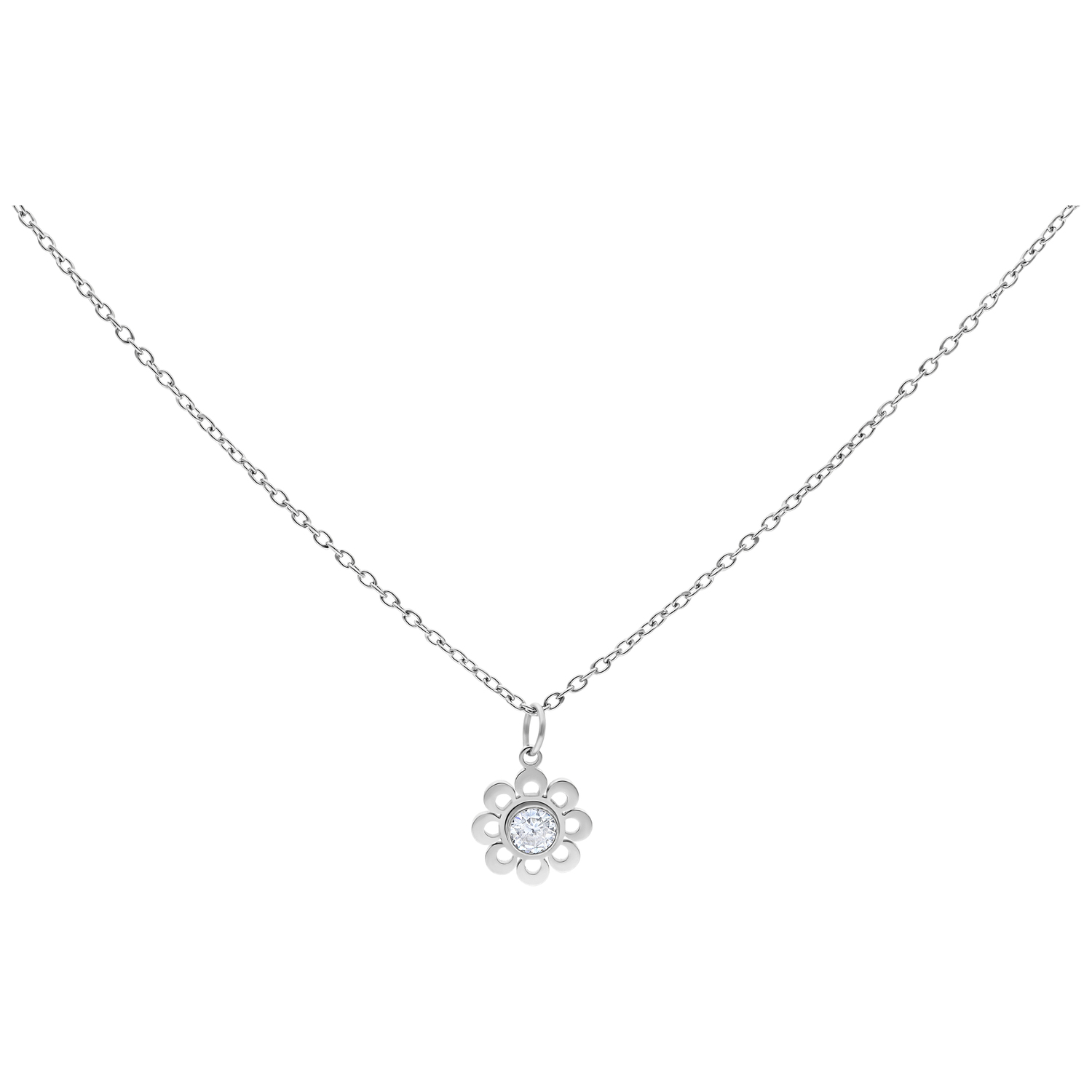 Silberne Kette mit Kristallblumenanhänger auf weißem Hintergrund
