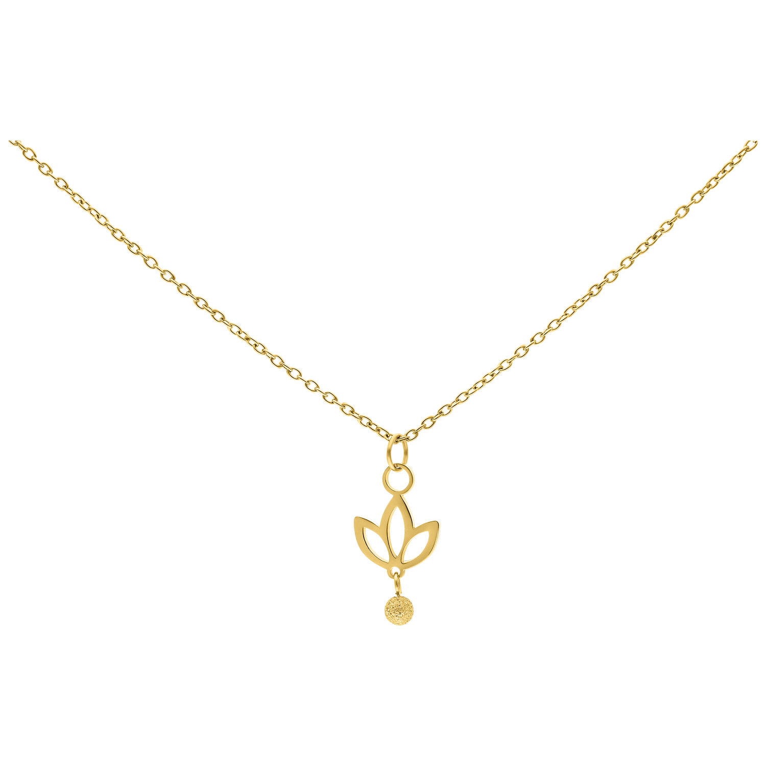 Goldene Kette mit hängendem Lilienanhänger auf weißem Hintergrund