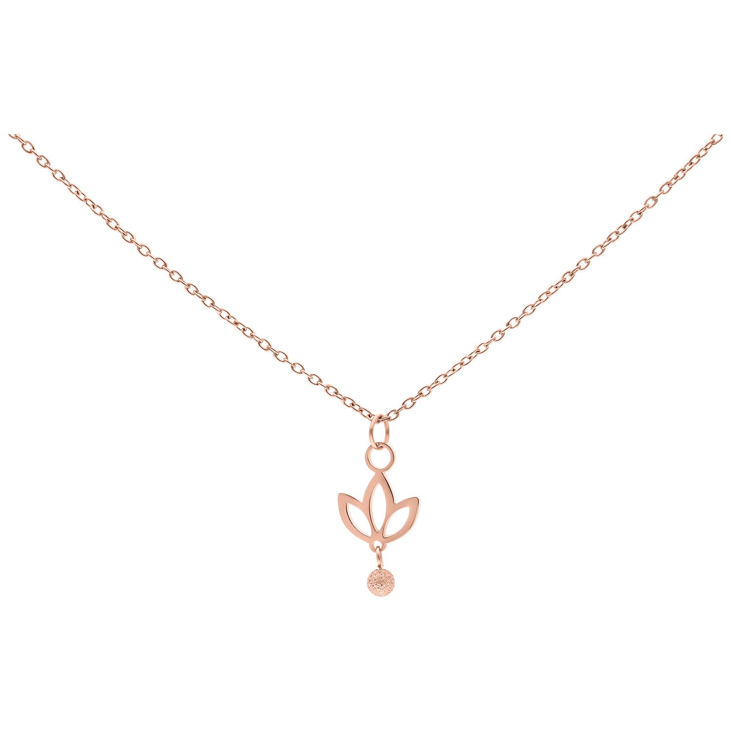 Roségoldene Kette mit hängendem Lilien-Anhänger auf weißem Hintergrund