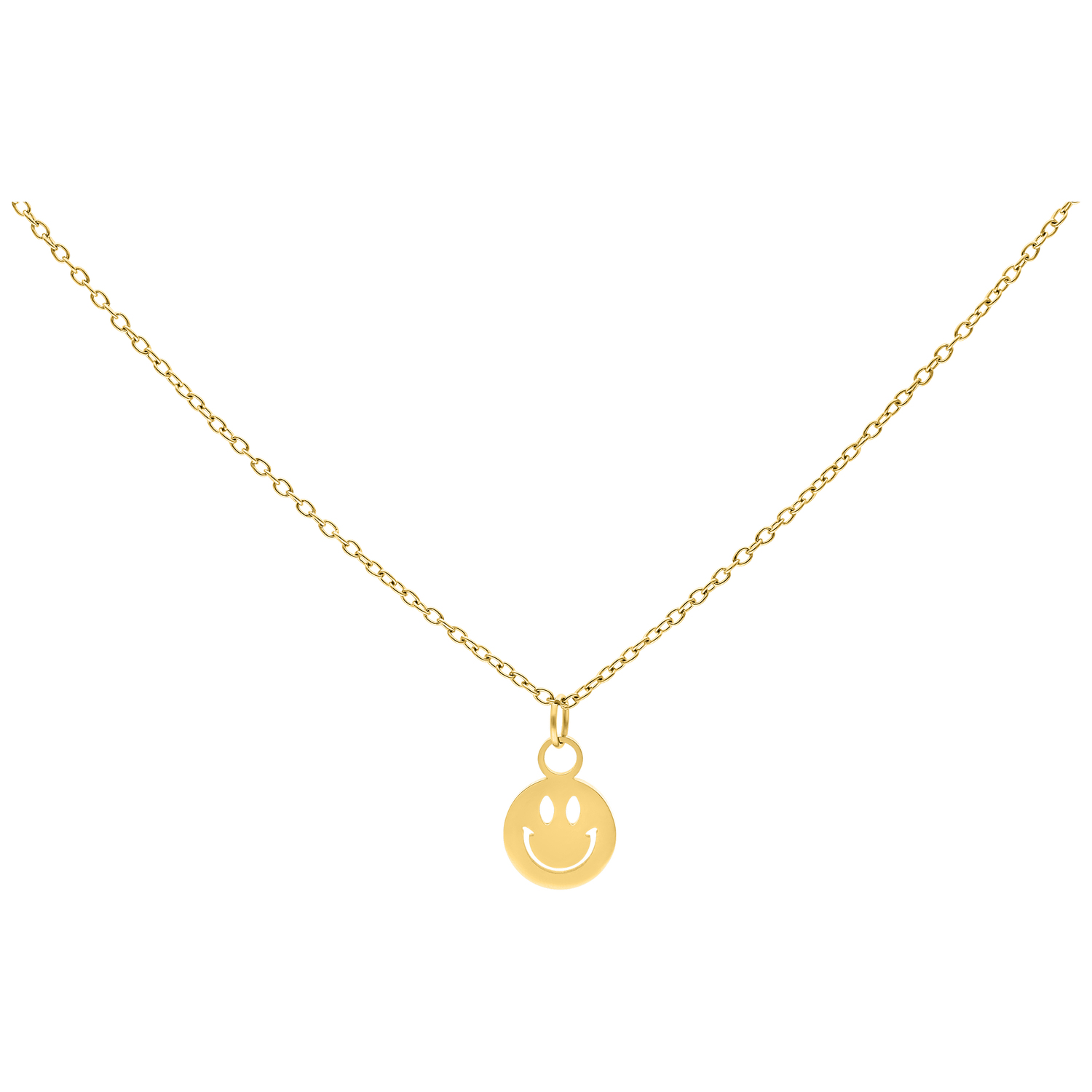 Goldene Smiley Kette aus Chirurgenstahl Goldene Kette mit Smiley-Anhänger auf weißem Hintergrund