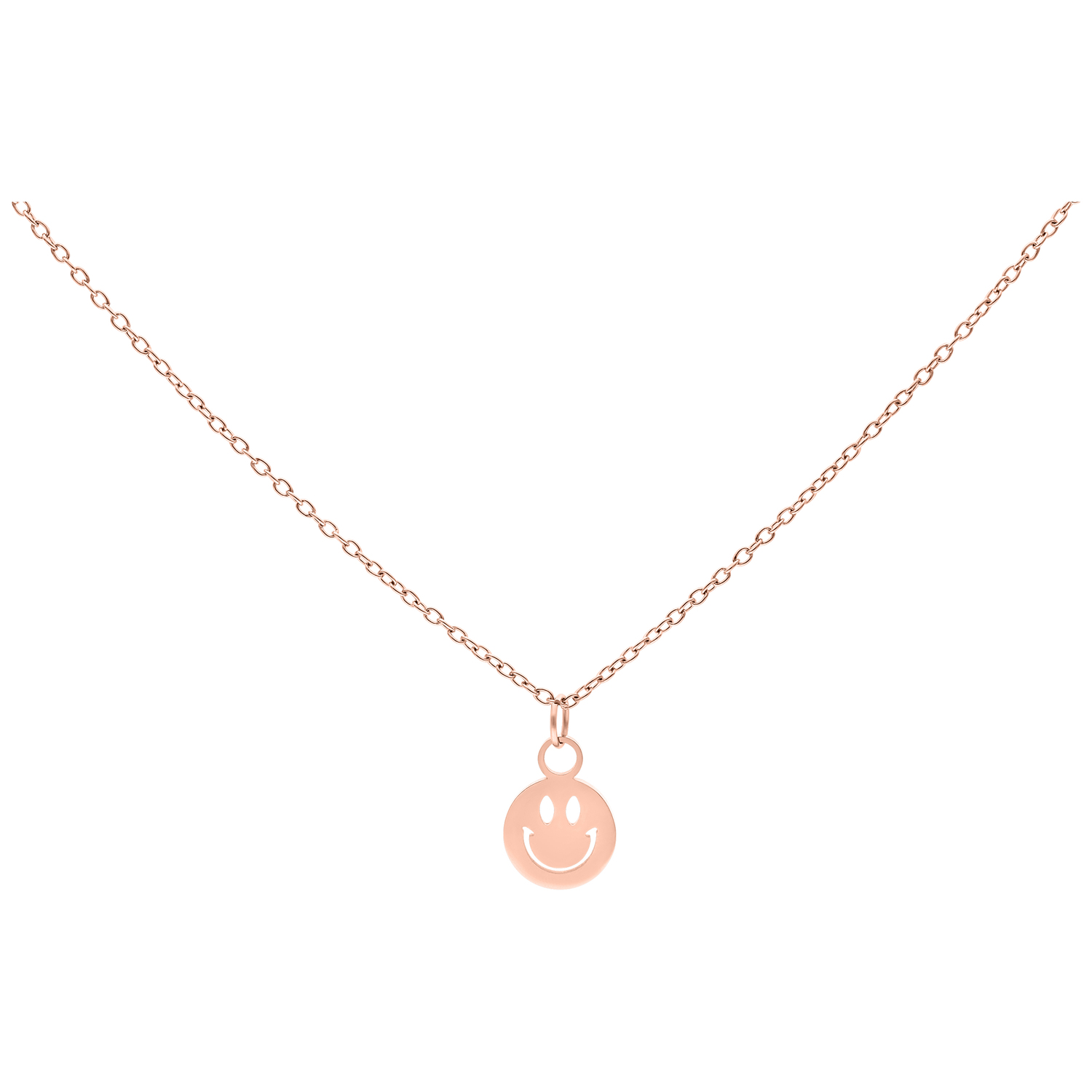 Little Smiley Kette in Roségold Roségoldene Kette mit Smiley-Anhänger auf weißem Hintergrund