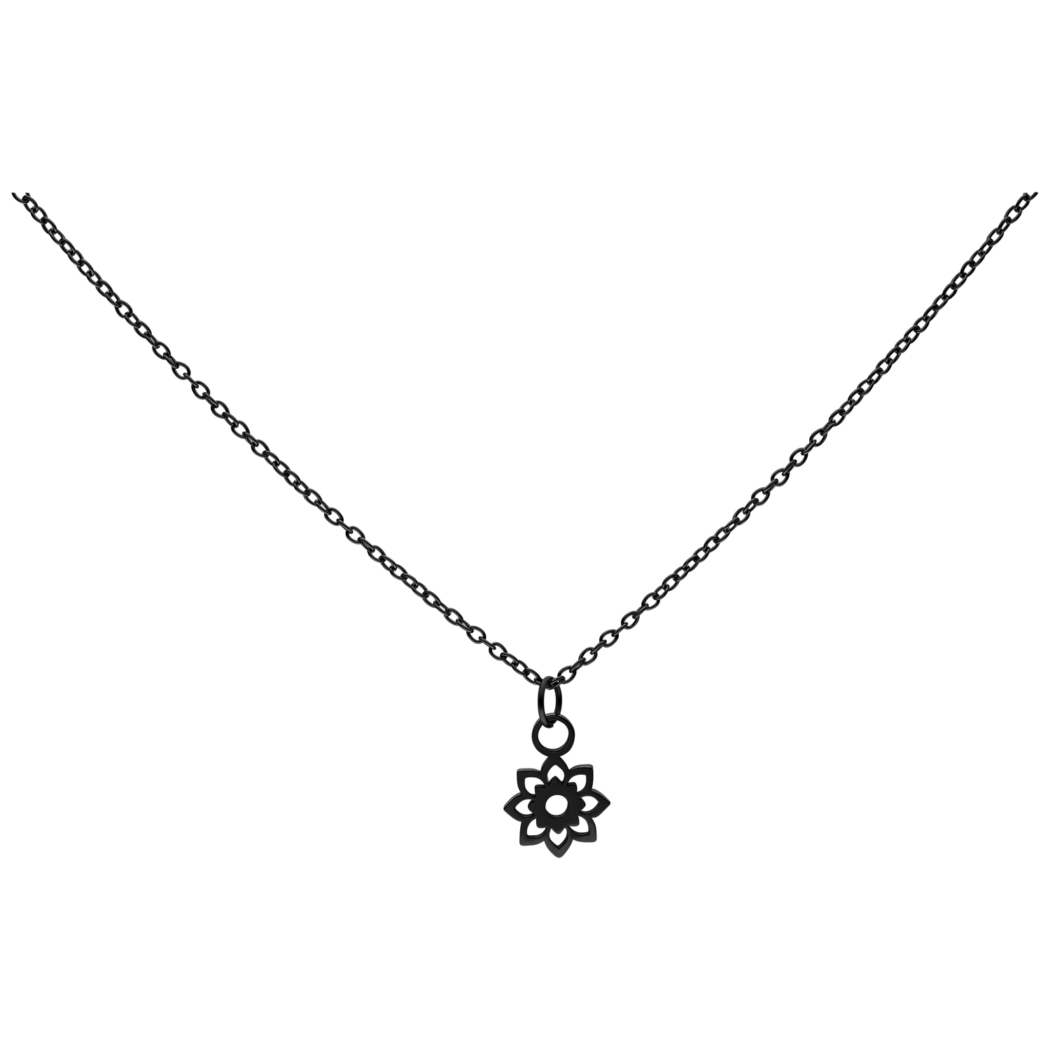Schwarze Little Sunflower Kette aus Chirurgenstahl Schwarze Kette mit Sonnenblumenanhänger aus Chirurgenstahl auf weißem Hintergrund
