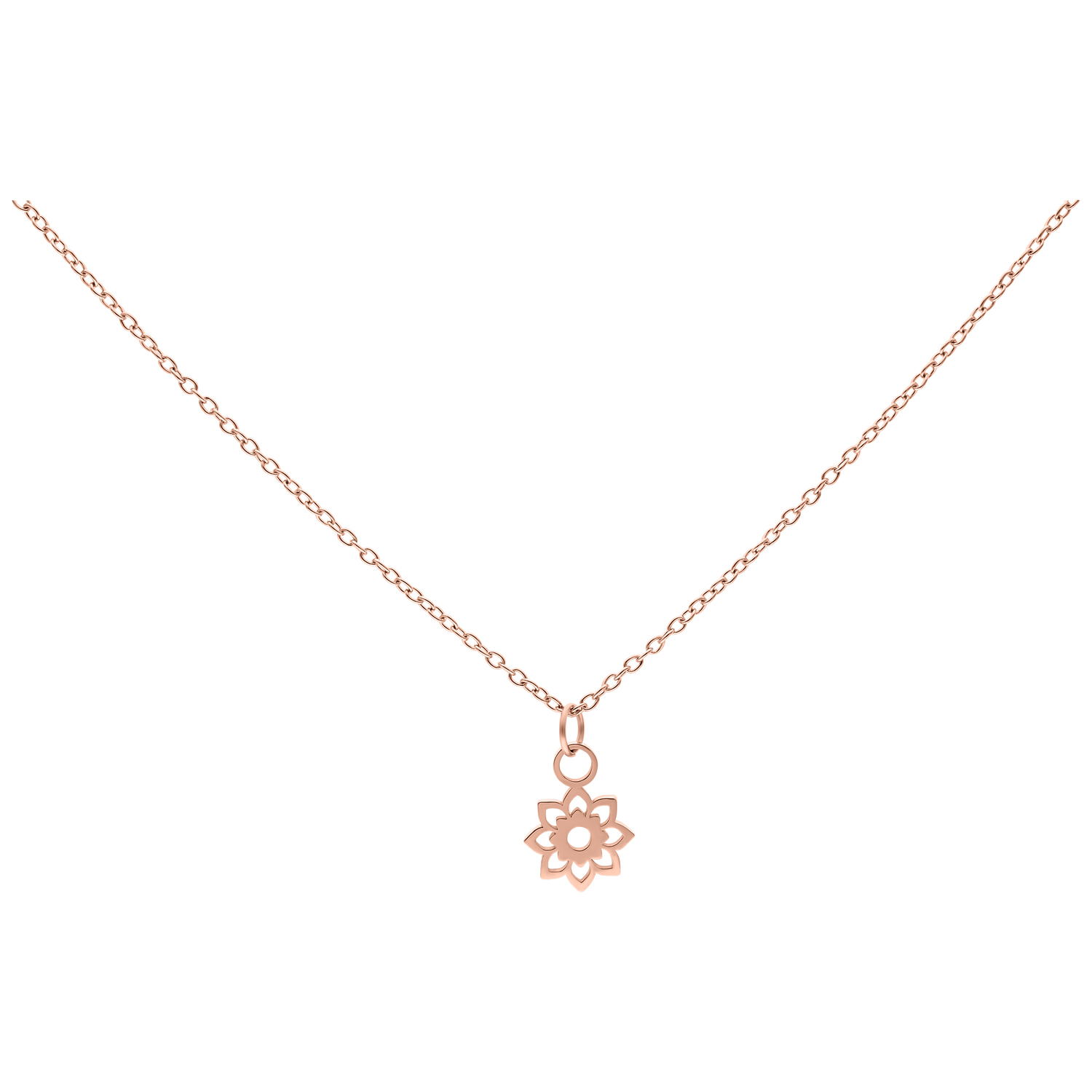 Roségoldene Little Sunflower Kette 50 cm Roségoldene Halskette mit Sonnenblumenanhänger auf weißem Hintergrund