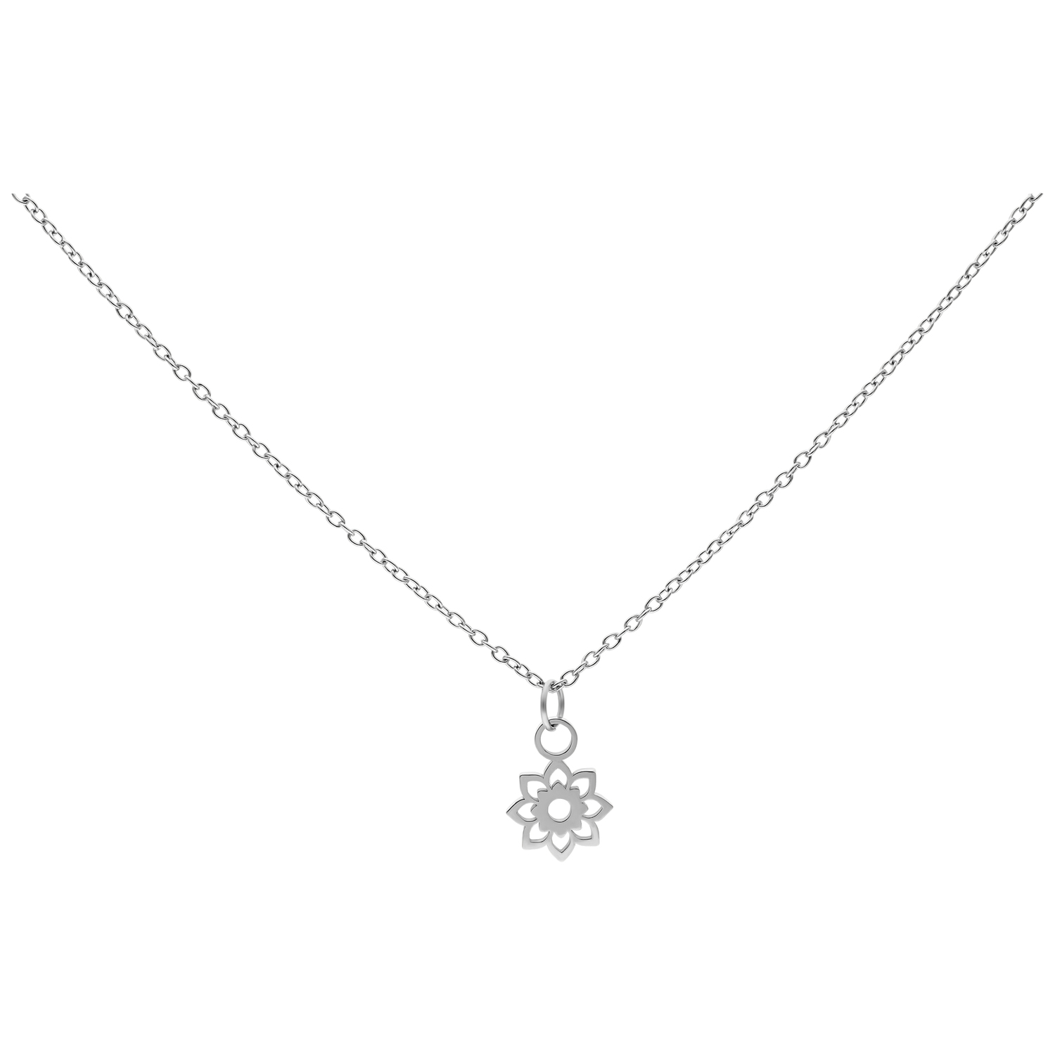 Little Sunflower Kette aus Chirurgenstahl Silberne Kette mit kleinem Sonnenblumenanhänger auf weißem Hintergrund