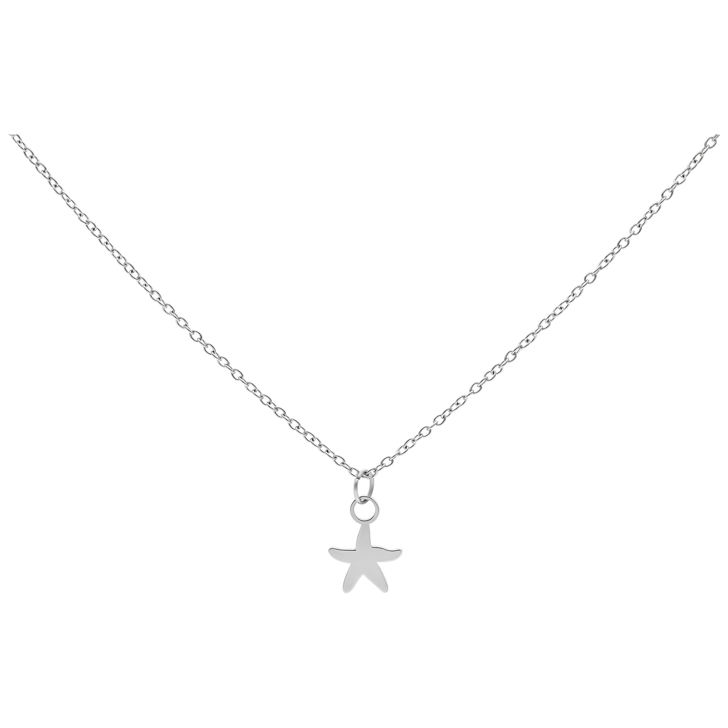 Silberne Little Starfish Kette aus Stahl Silberne Kette mit kleinem Seestern-Anhänger auf weißem Hintergrund