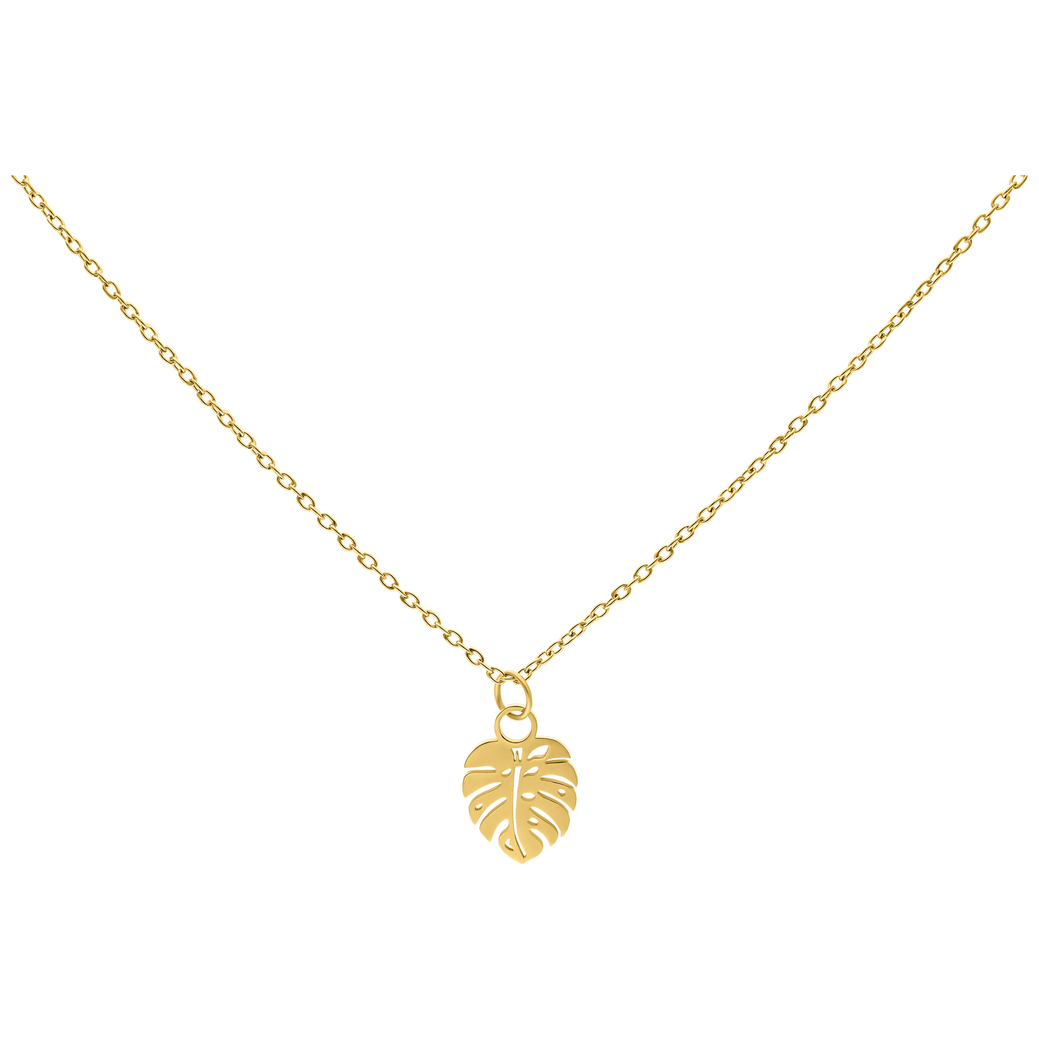 Goldene Monstera Leaf Kette 50 cm Goldene Monstera Leaf Kette aus Chirurgenstahl auf weißem Hintergrund