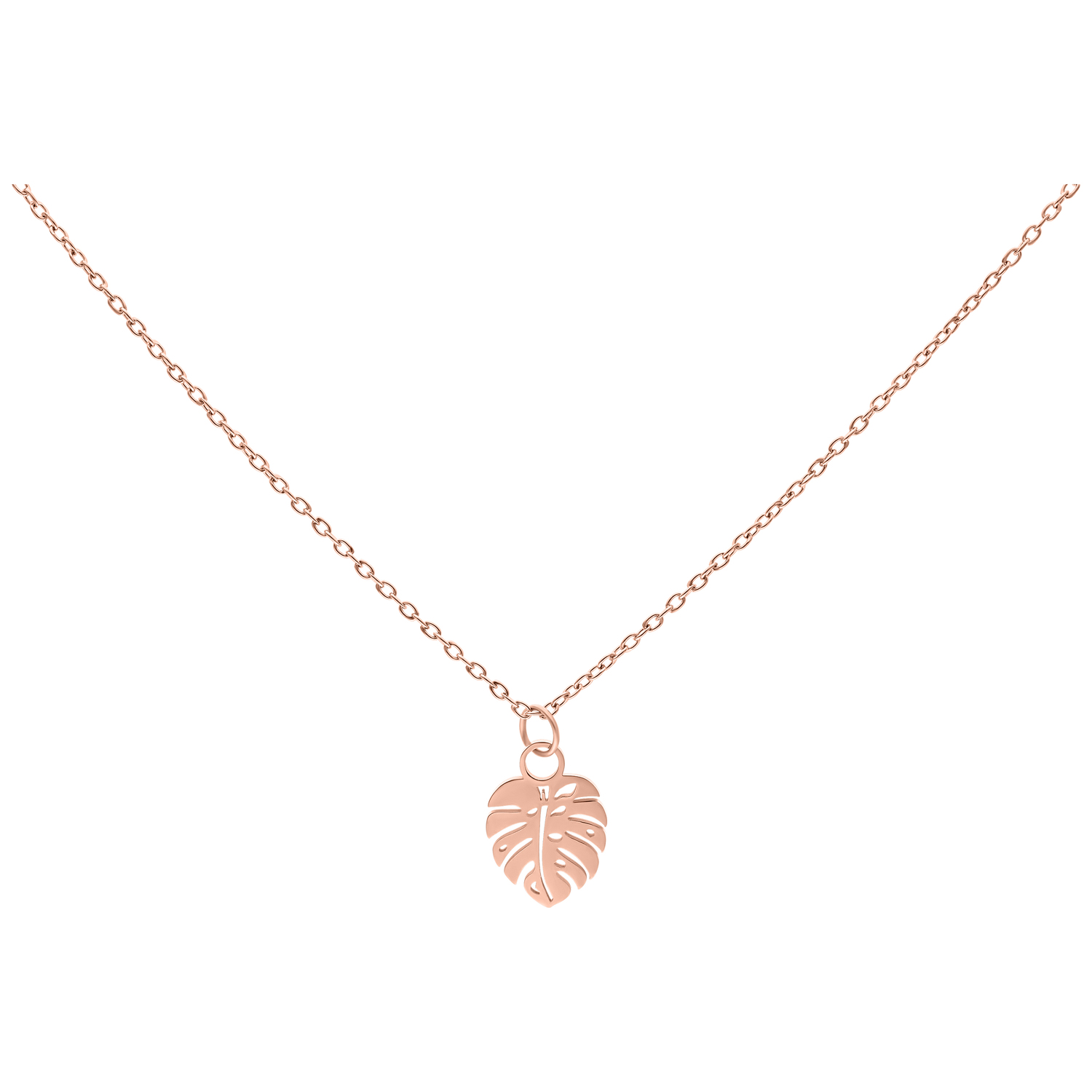 Monstera Blatt Kette Roségold 50 cm Kette mit Monstera Blatt Anhänger in Roségold auf weißem Hintergrund