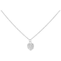Monstera Leaf Kette in Silber 50 cm Silberne Kette mit Monstera-Blatt-Anhänger auf weißem Hintergrund