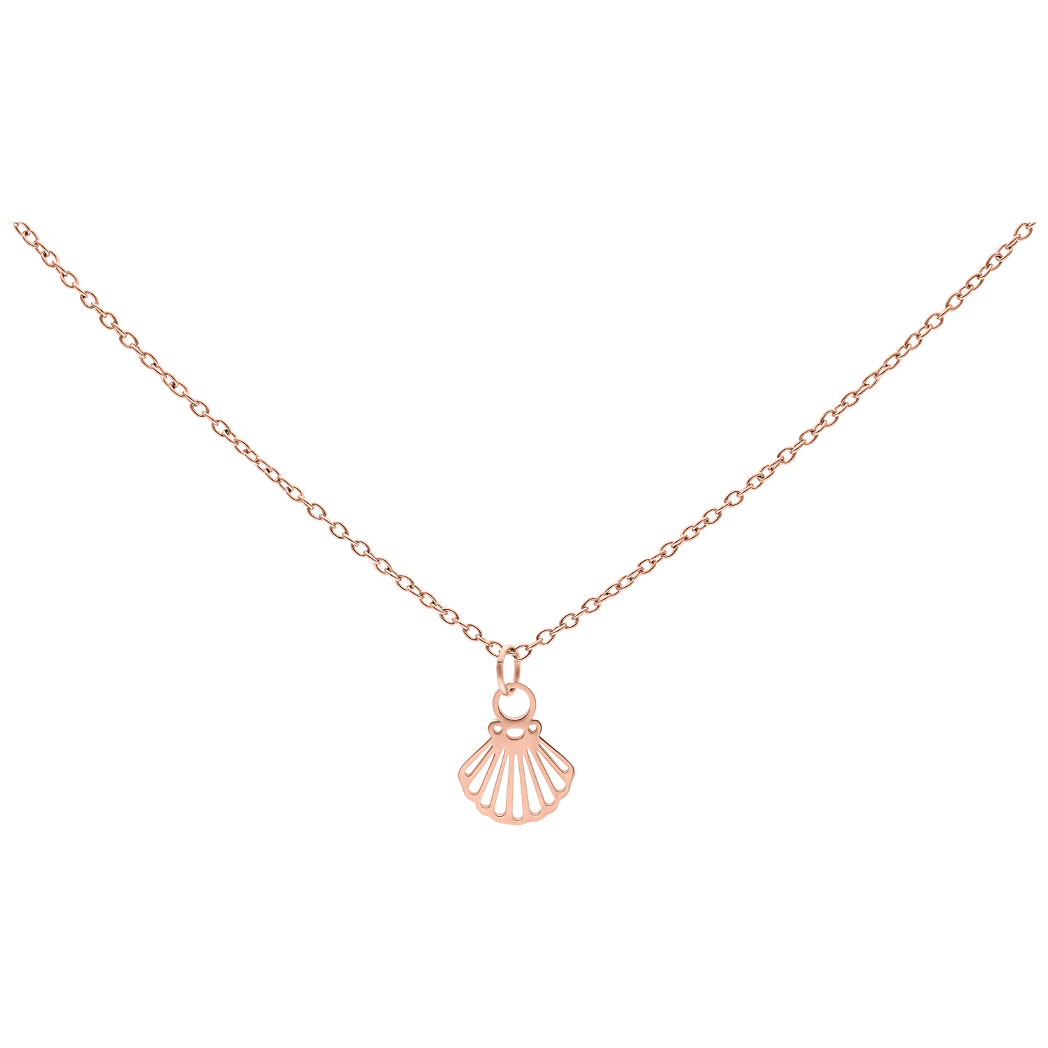Kette aus Chirurgenstahl mit Muschel-Anhänger in Roségold auf weißem Hintergrund