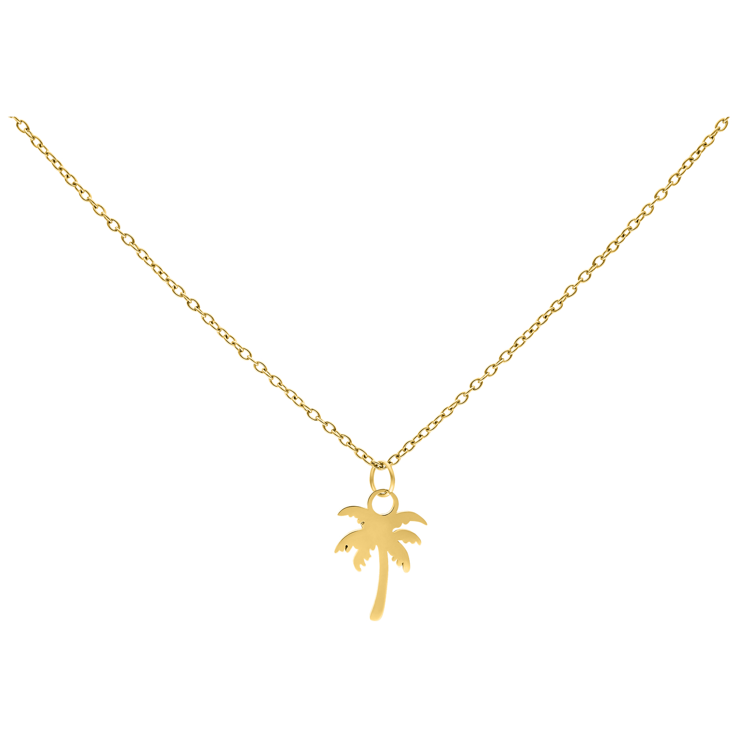 Goldene Palm Kette aus Chirurgenstahl 50cm Goldene Kette mit Palmenanhänger auf weißem Hintergrund, 50 cm lang