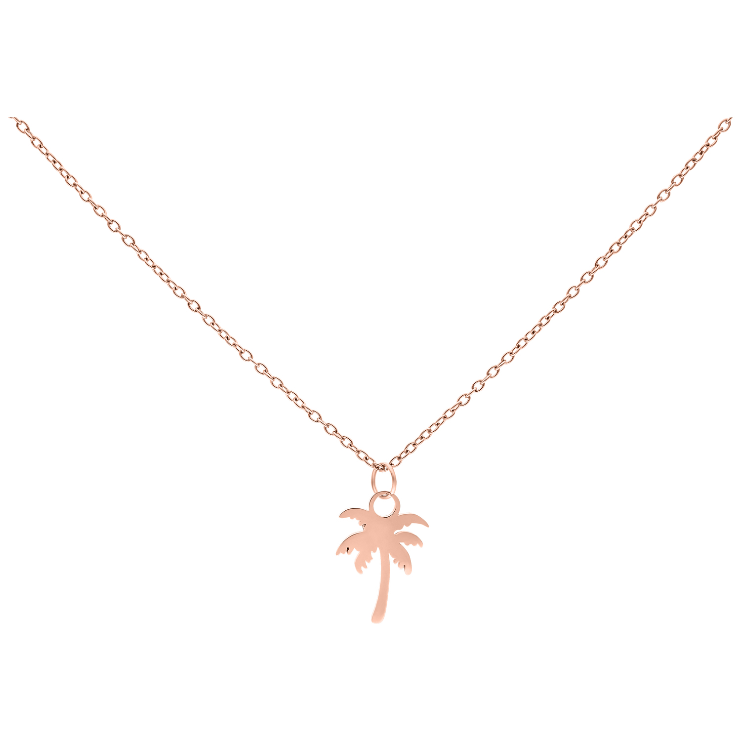 Palm Kette in Roségold von Wildcat Roségoldene Kette mit Palmenanhänger auf weißem Hintergrund