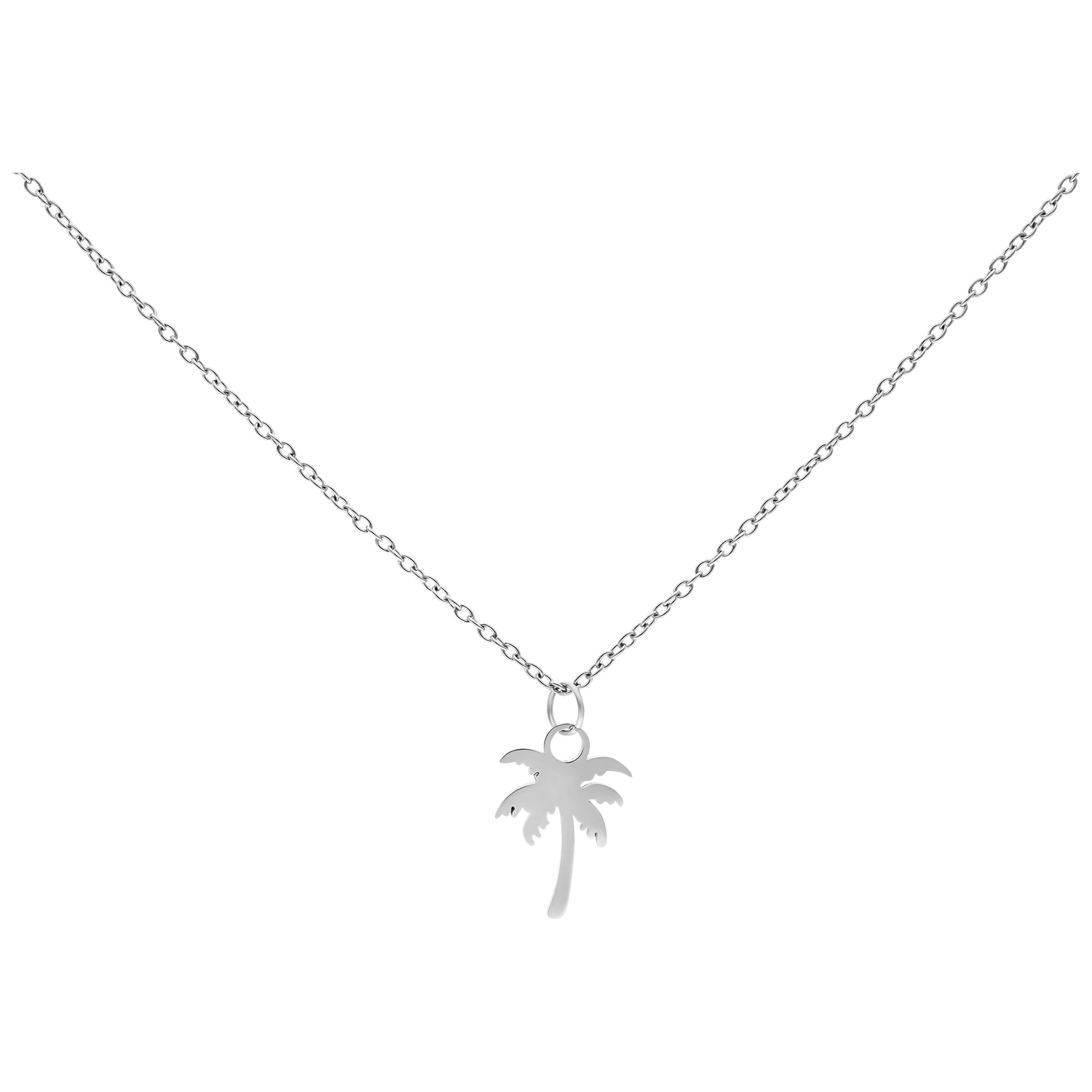 Silberne Palm Kette aus Chirurgenstahl Silberne Kette mit Palmenanhänger auf weißem Hintergrund
