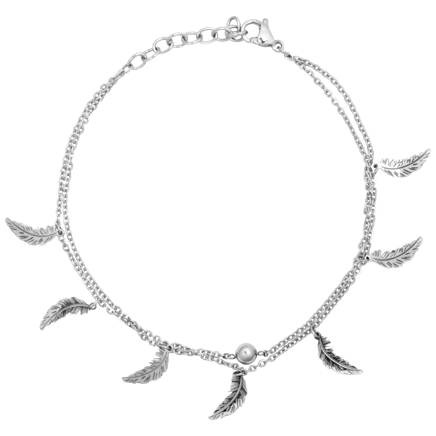 Silbernes Feathers Multilayer Fußkettchen Silbernes Fußkettchen mit Federn auf weißem Hintergrund