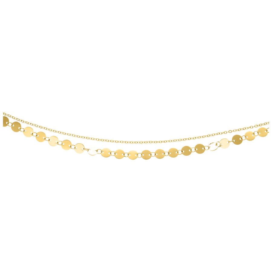 Goldene, mehrlagige Fußkette mit verstellbarer Länge auf weißem Hintergrund