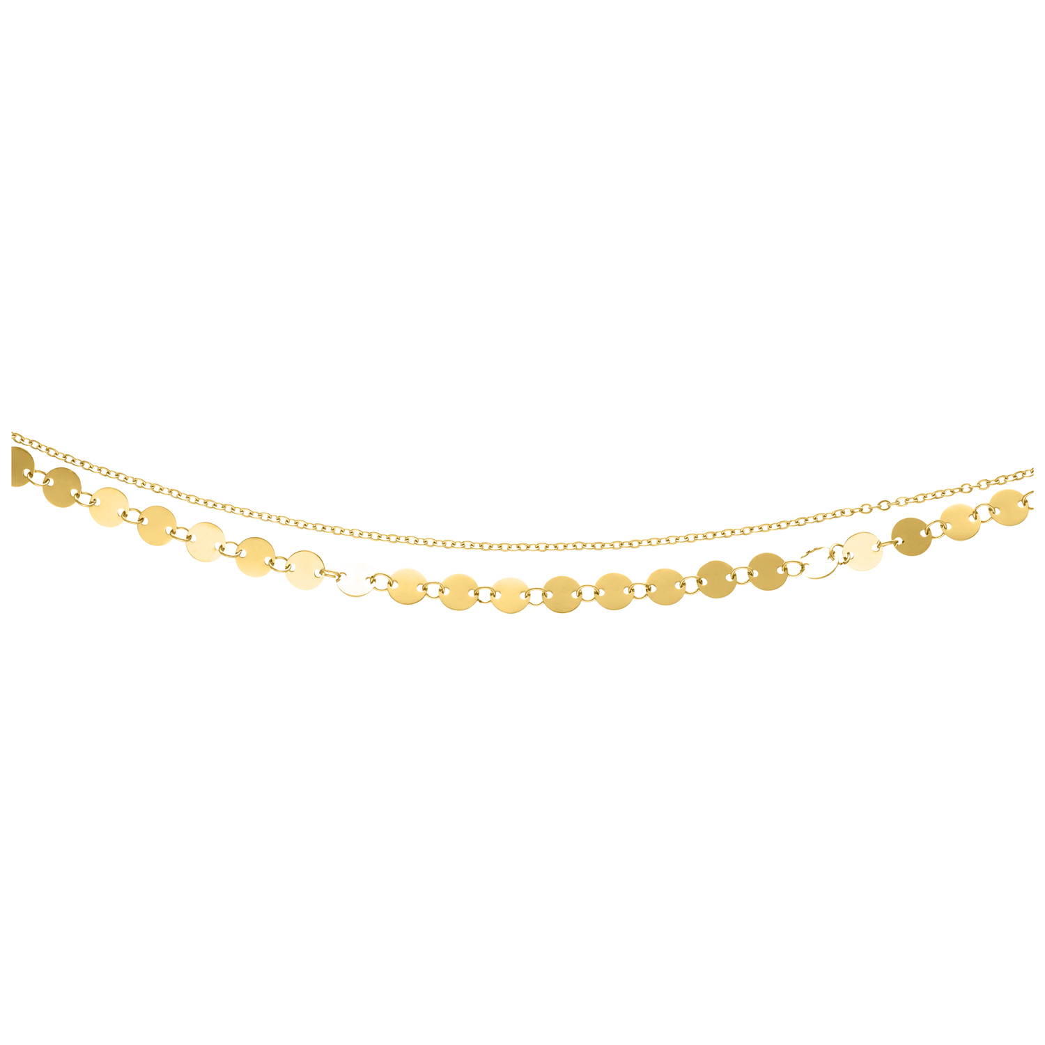 Goldene Multilayer Fußkette verstellbar Goldene, mehrlagige Fußkette mit verstellbarer Länge auf weißem Hintergrund