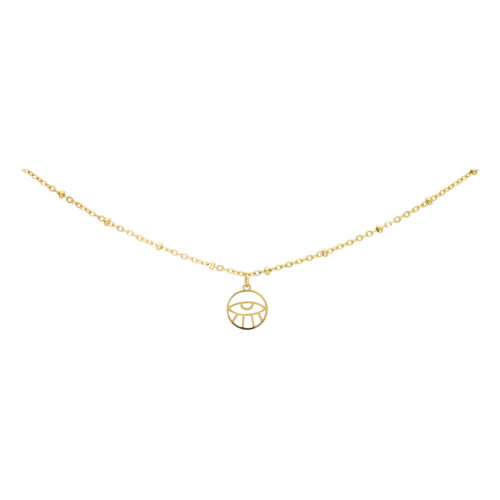 Filigrane goldene Fußkette mit Eye-Anhänger auf weißem Hintergrund