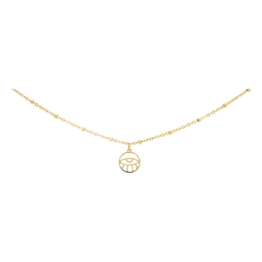 Filigrane goldene Fußkette mit Eye-Anhänger auf weißem Hintergrund