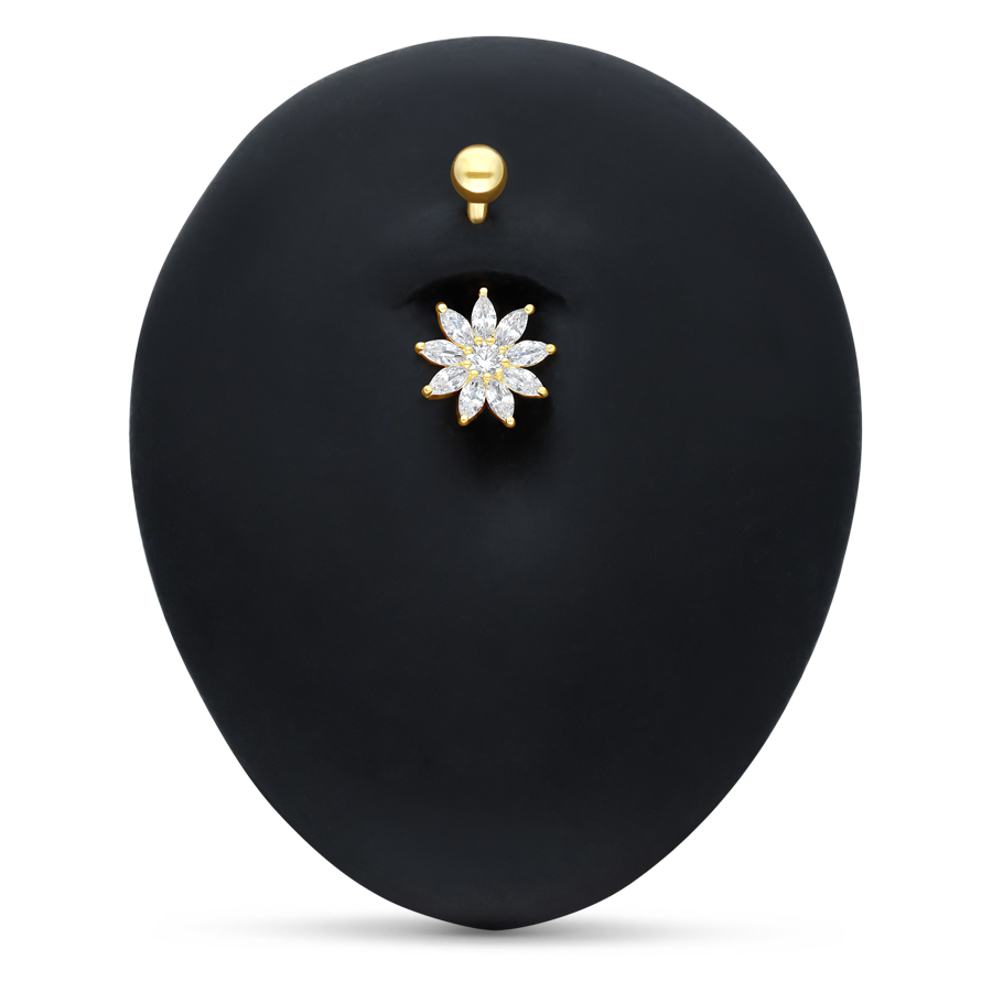 18k Gold Kristallblume Bananabell Bauchnabelpiercing aus 18k Gold mit klarer Kristallblume auf schwarzem Hintergrund