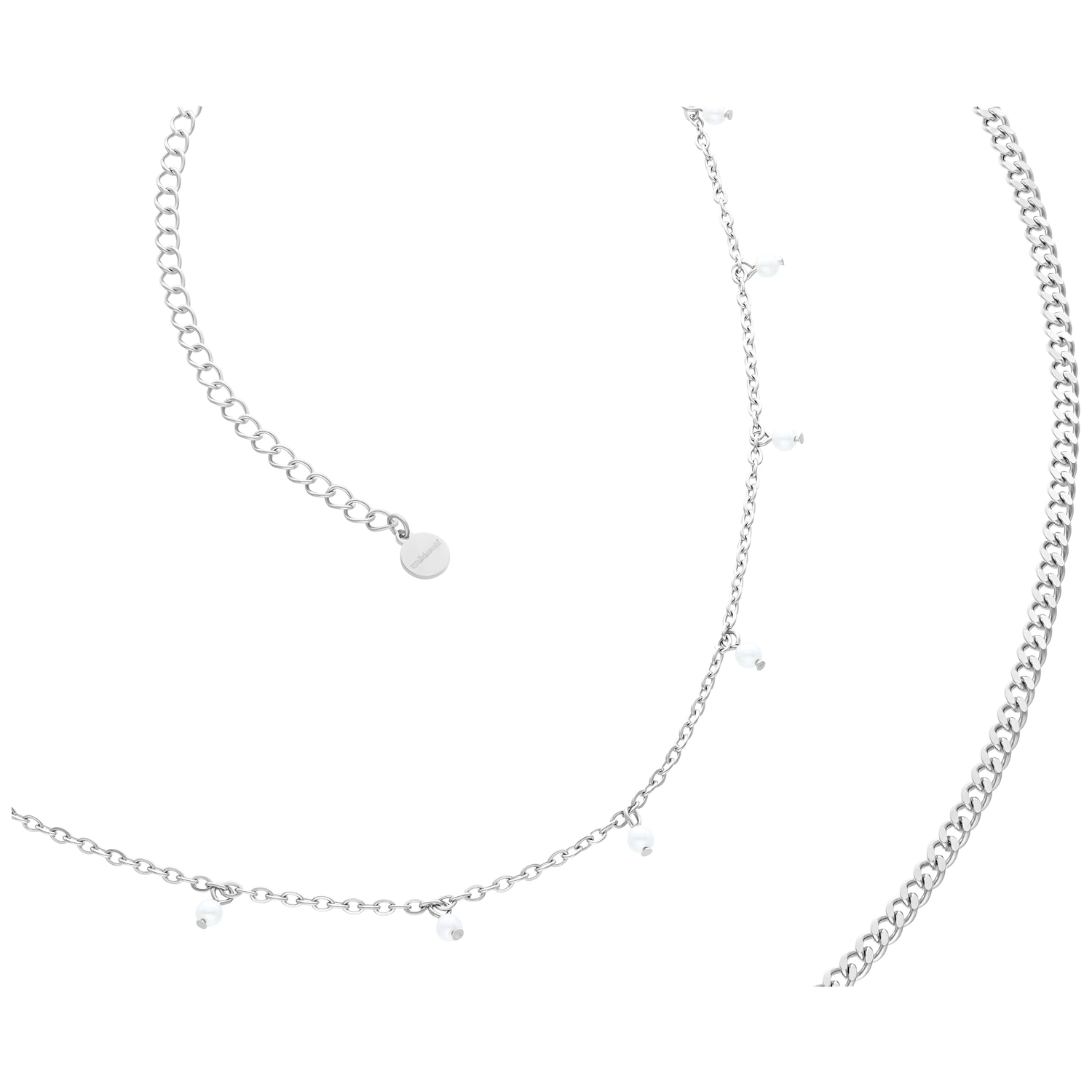 Silberne Doppel-Bauchkette mit Perlen Silberne Bauchkette mit zwei Reihen, Perlen und Karabinerverschluss auf weißem Hintergrund