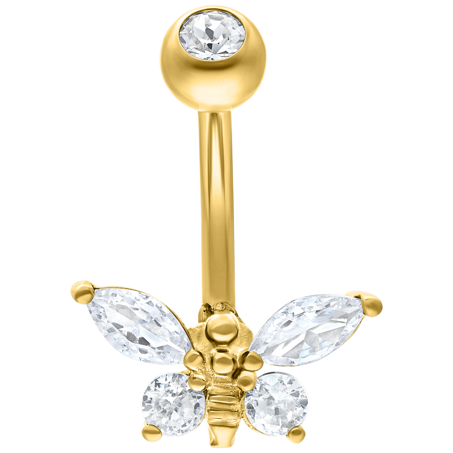 Goldenes Banabell-Piercing mit bienenförmigem Design und klaren Kristallen auf weißem Hintergrund