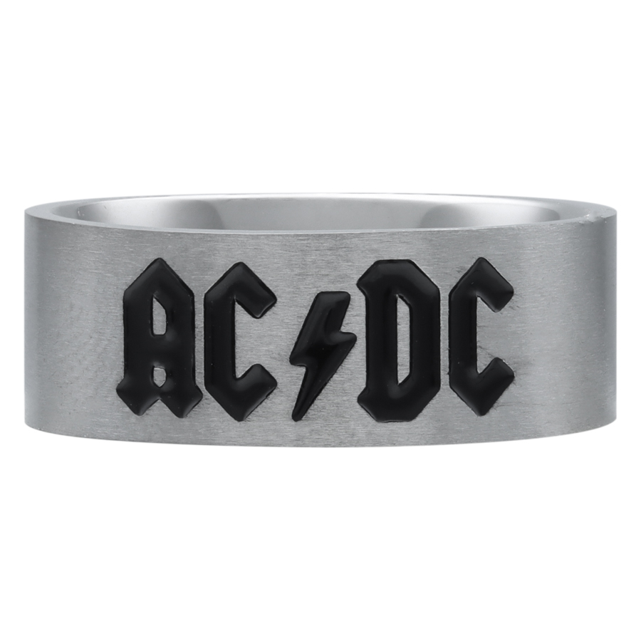 Silberner ACDC Logo Ring aus Stahl Silberner Ring mit schwarzem ACDC Logo auf weißem Hintergrund